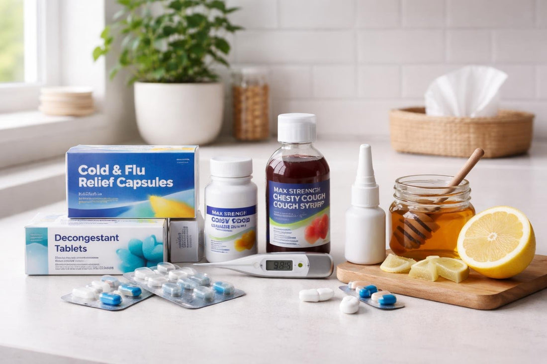 Cold and flu medicine essentials arranged on shelf