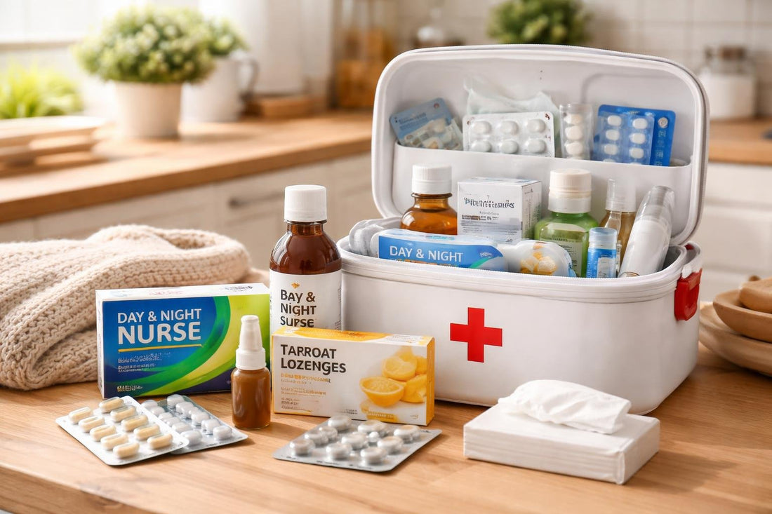 Family first aid kit with cold and flu medicines