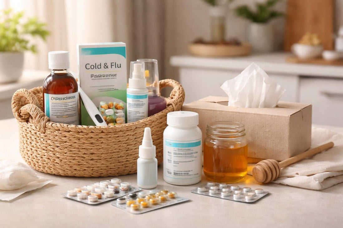 Cold and flu medicine essentials arranged in a home kit