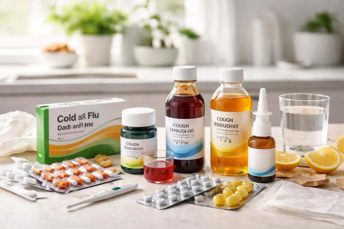 cold and flu medicines laid out on table