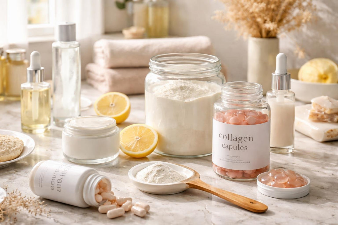 Affordable collagen supplements and skincare close-up