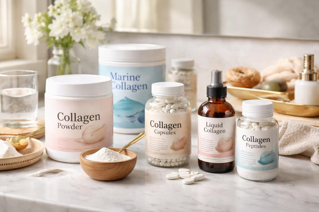 assorted collagen supplements bottles and powder tubs