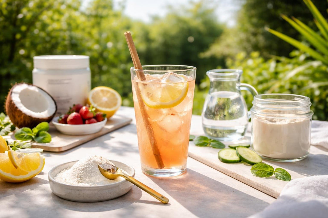 Collagen powder mixed into iced drink on a sunny day