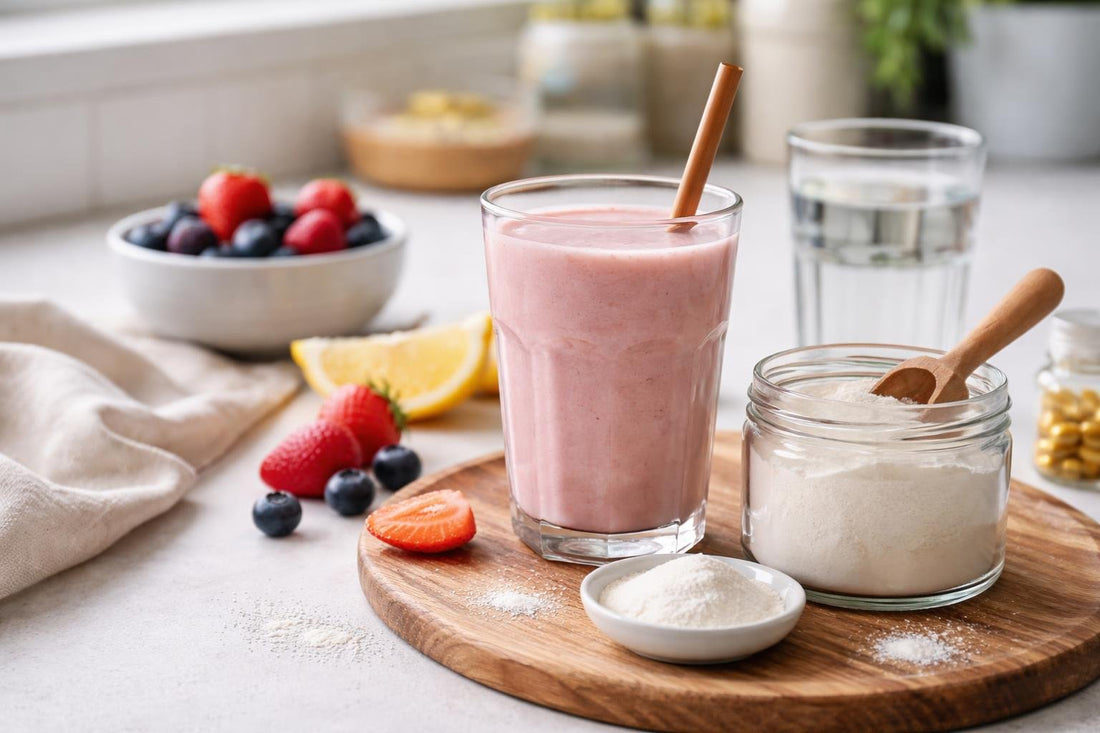 Collagen powder mixed into smoothie for daily routine