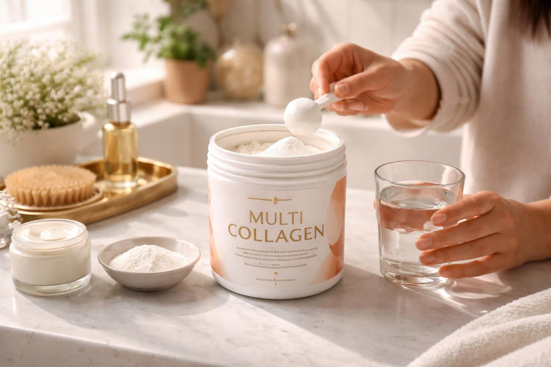 Woman mixing collagen powder for firmer skin