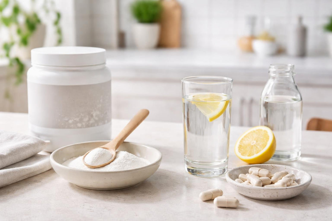 Collagen supplement powder and capsules on a kitchen counter