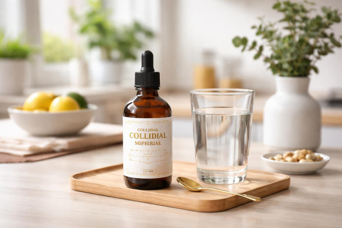 Colloidal gold mineral supplement drops beside glass of water