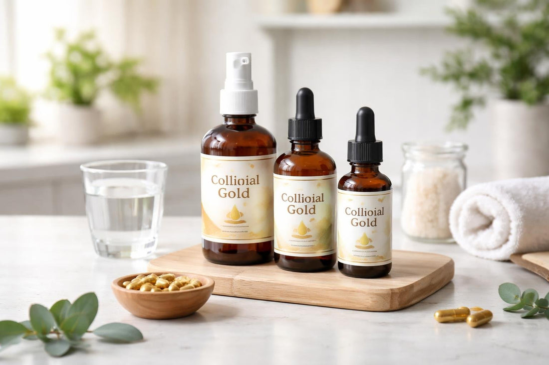 bottles of colloidal gold supplements arranged