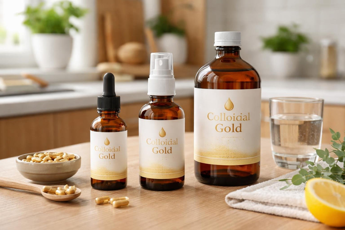 bottles of colloidal gold supplements on wood