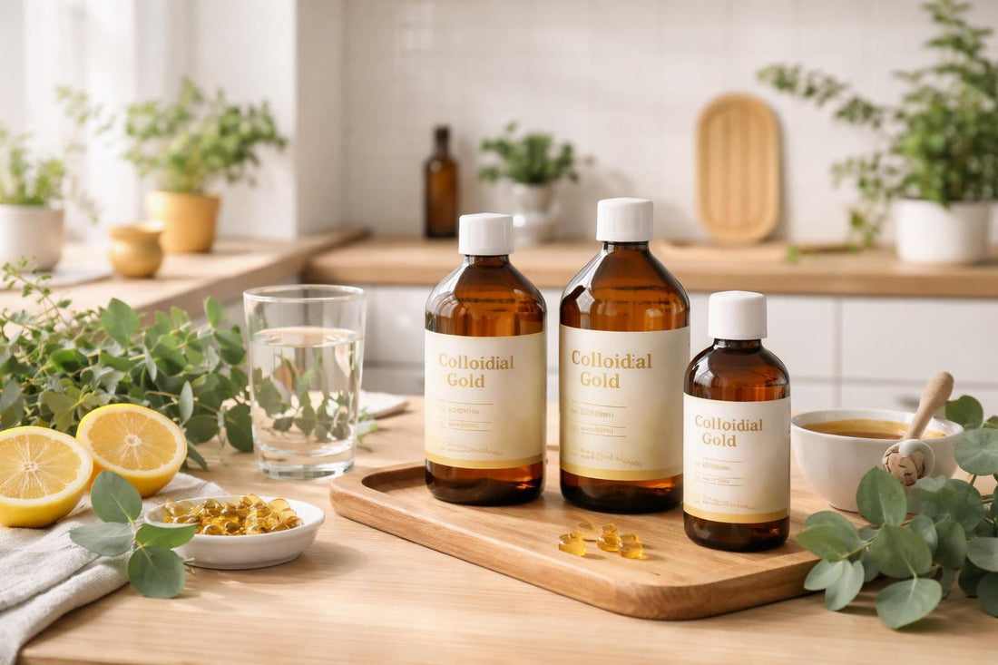Colloidal gold mineral supplement bottles for seasonal wellbeing routine