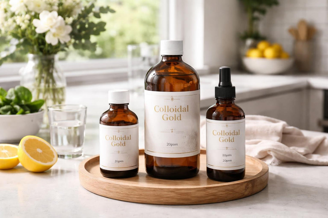 Colloidal gold mineral supplement bottles in a Yorkshire home