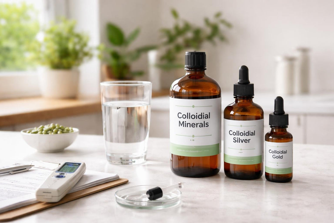 colloidal mineral bottles and testing kit on table