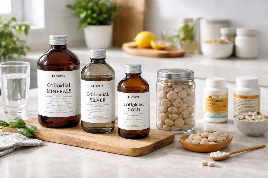 Selection of colloidal mineral supplement bottles and lozenges