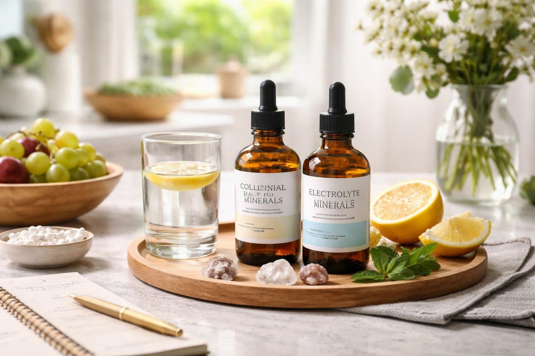 Liquid colloidal mineral supplements with seasonal daily routine notes