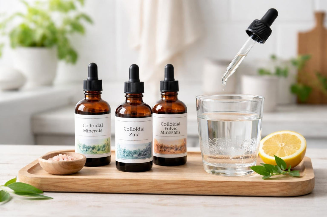 Colloidal mineral supplement drops beside glass of water