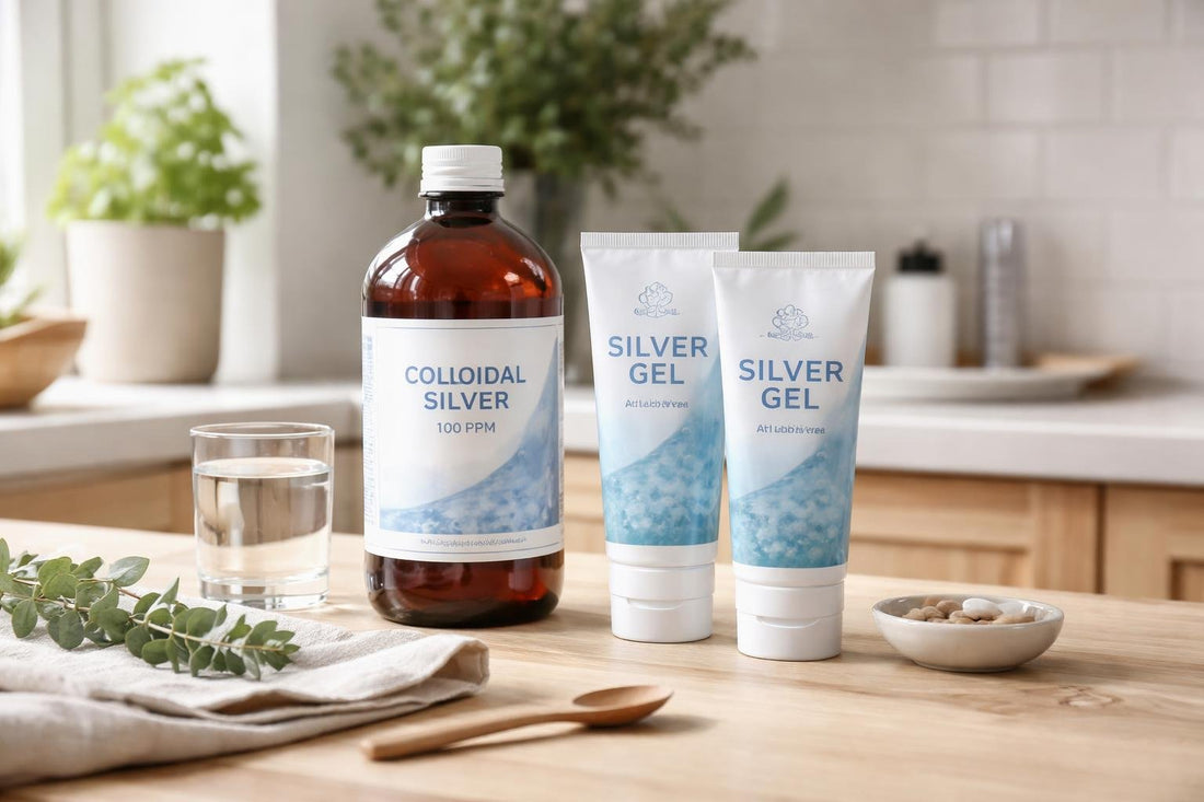 Colloidal silver bottles and gel on wooden table