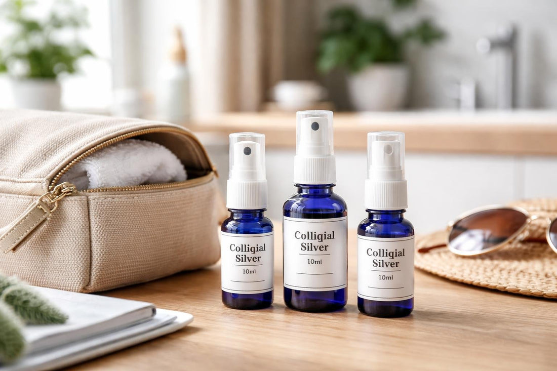Colloidal silver travel bottles on wooden table