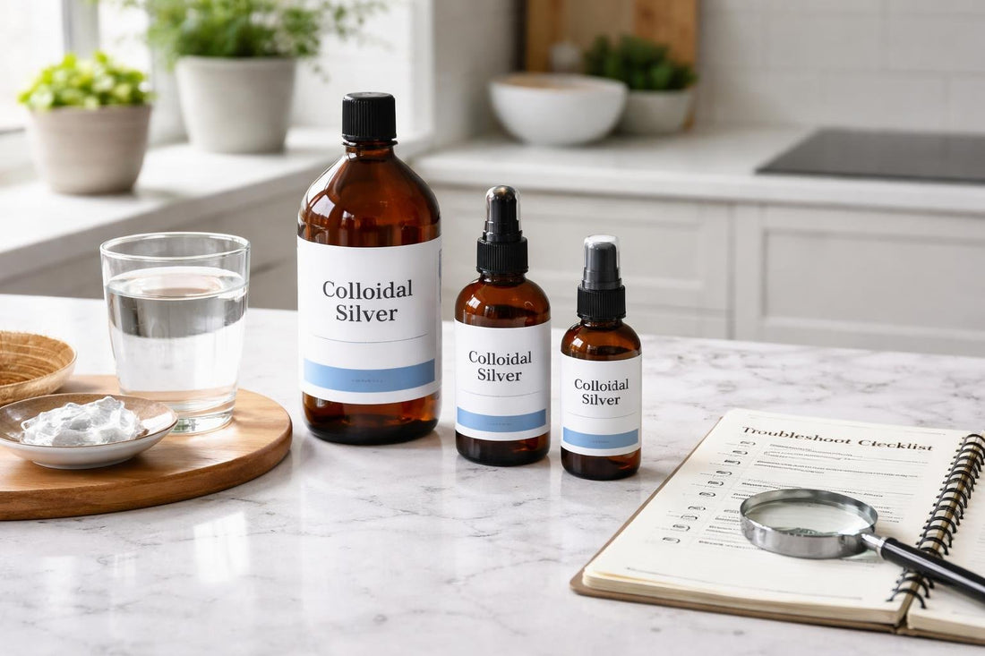 Colloidal silver bottles and troubleshooting checklist