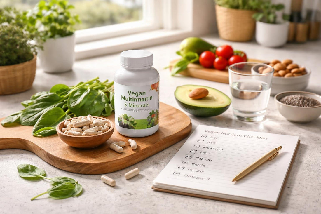 Vegan supplements and nutrient checklist on table