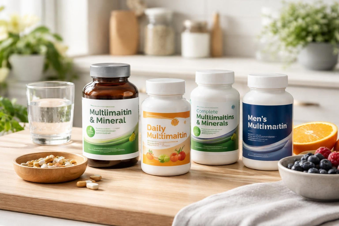 Selection of combination multivitamin and mineral bottles