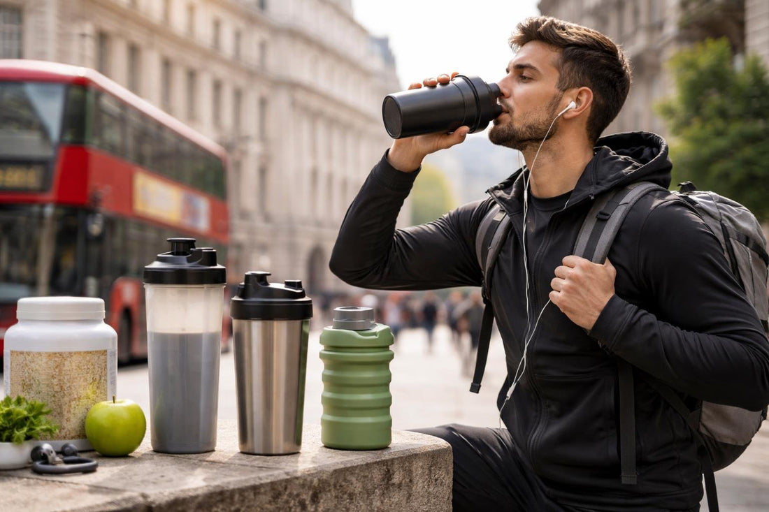 commuter using a shaker bottle in city