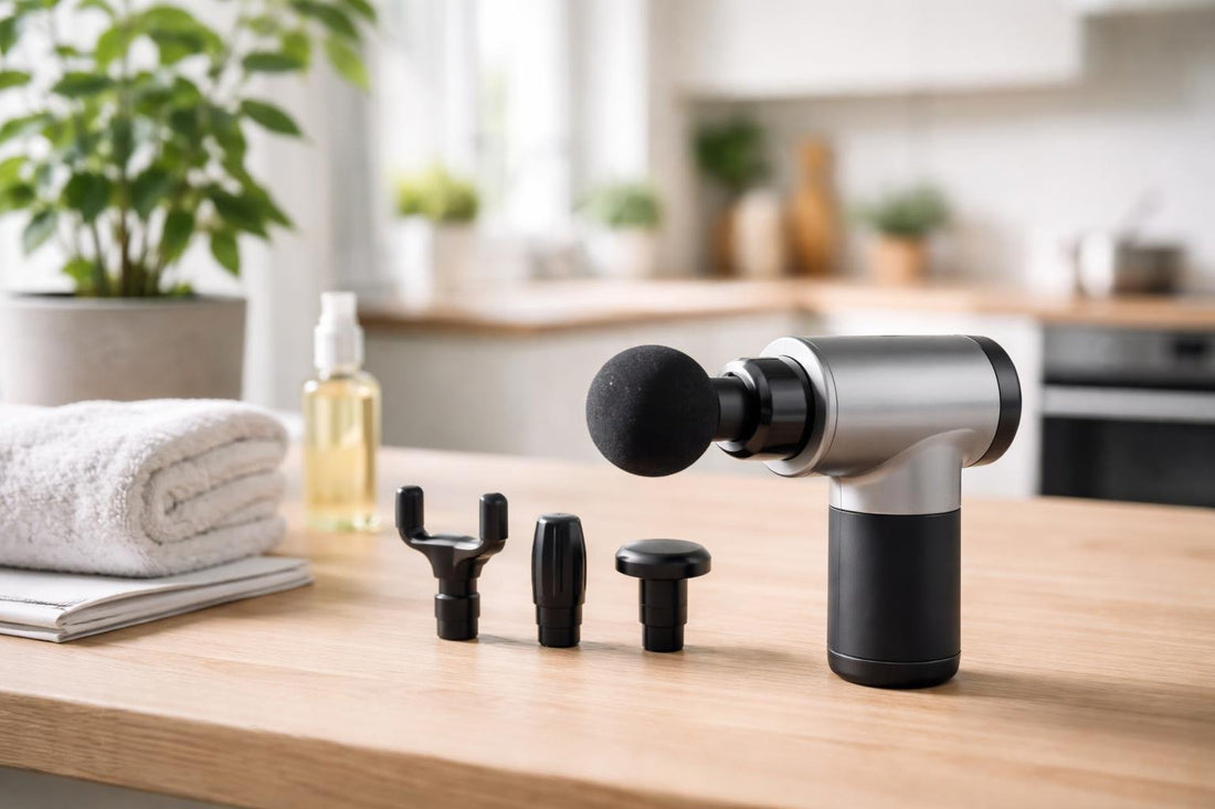 Compact electric handheld massager on wooden table