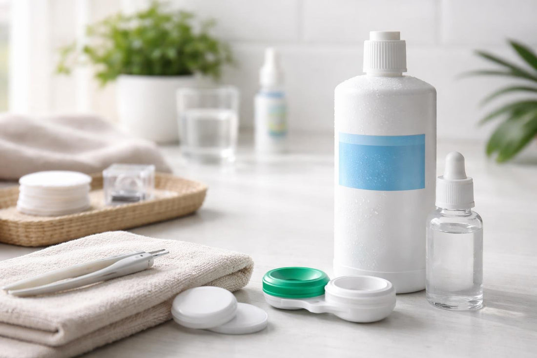 Contact lens cleaning supplies and case on table