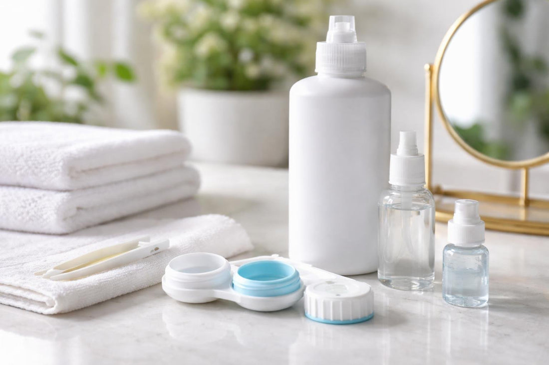 Beginner cleaning routine with contact lens solution and case