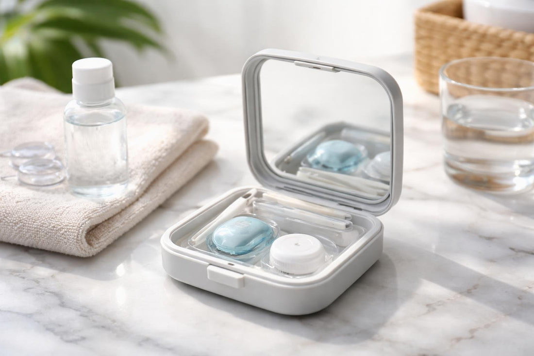Compact travel contact lens storage case open with lenses