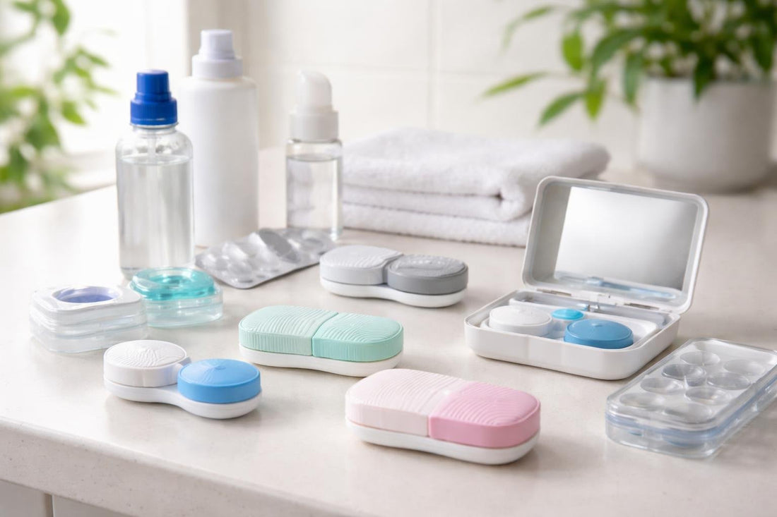 Assorted contact lens storage cases and cleaning supplies