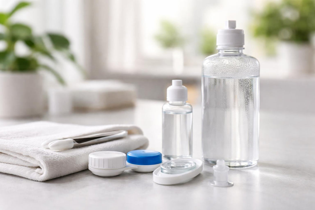 Contact lens cleaning and care kit on table