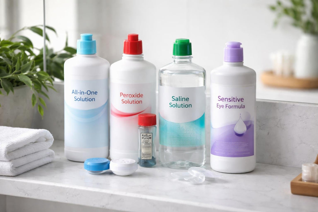 Contact lens cleaning solutions lined on bathroom shelf