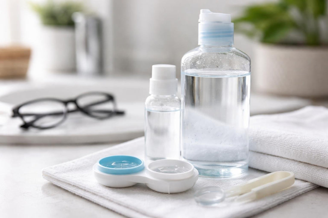 Close-up of contact lenses and cleaning solution bottle