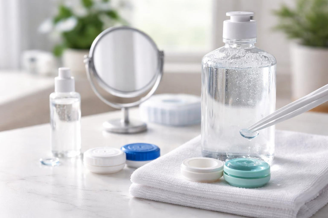 Contact lens cleaning routine with solution and lens case
