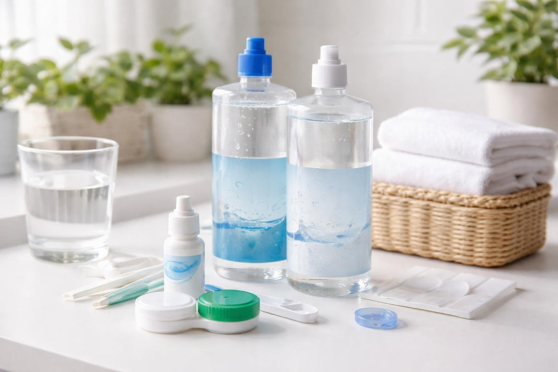 Contact lens care kit with solutions and tools