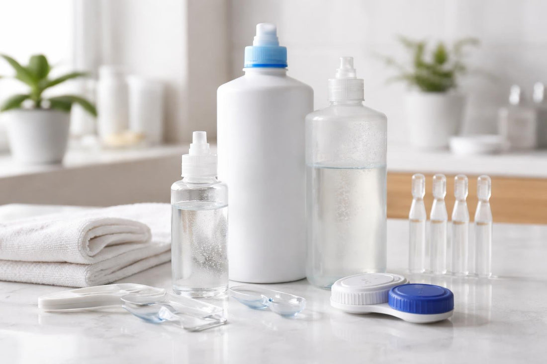 contact lens solutions and sterile vials on surface