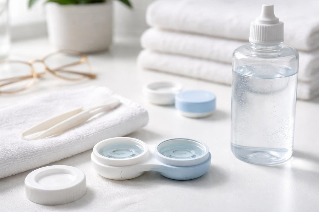 Contact lenses soaking in fresh solution inside a clean case