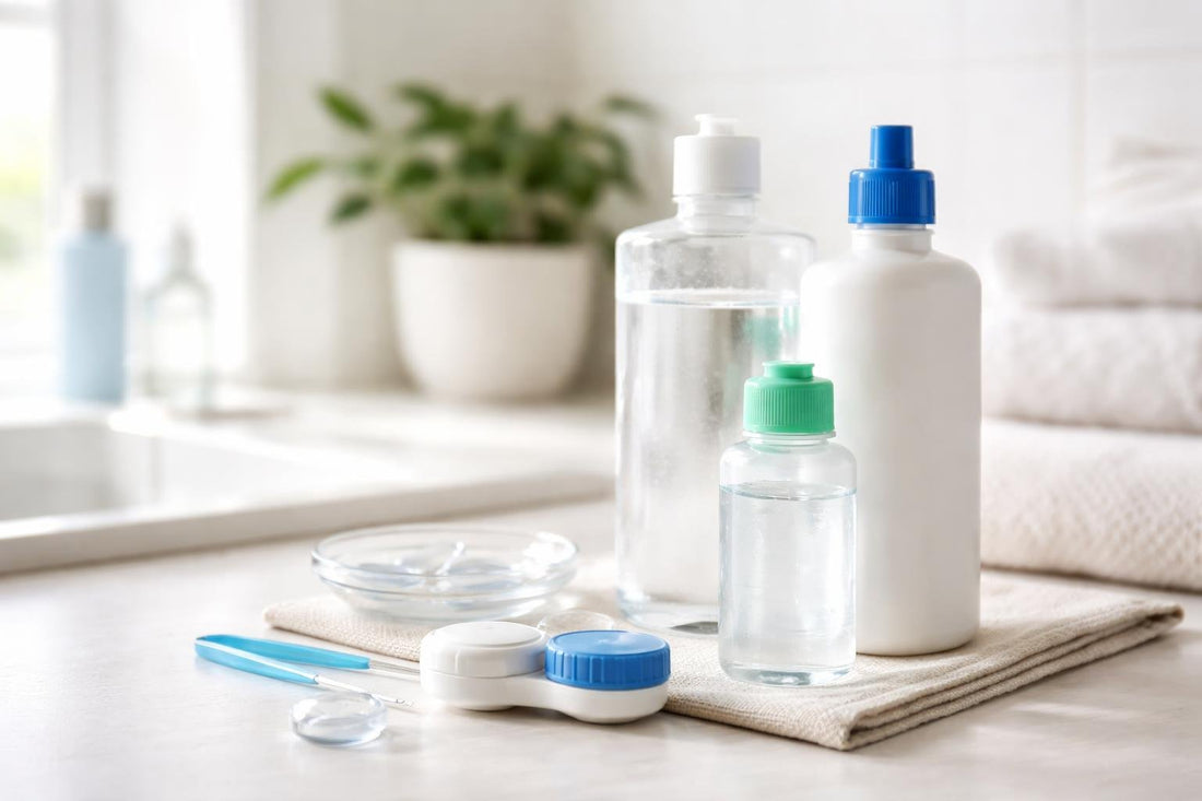 Contact lens solutions and lens case on table