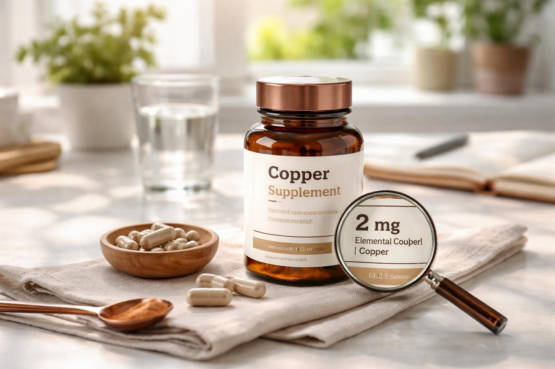 Copper supplement label showing elemental copper and dosage