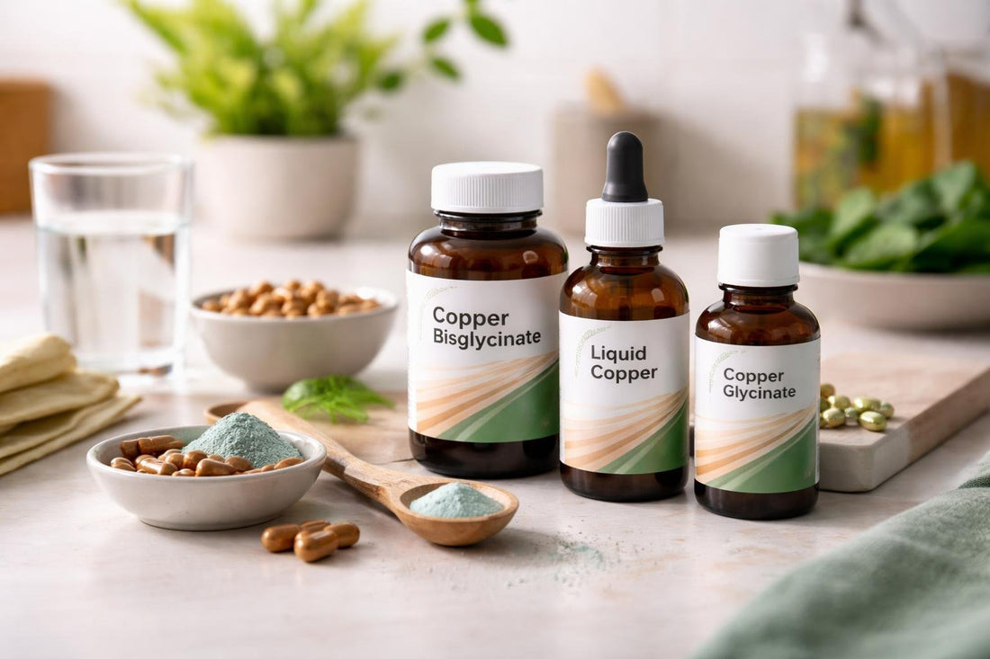 Bottles of copper supplements and measuring spoon