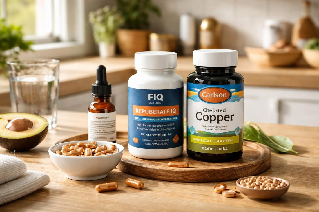 Assorted copper supplement capsules and bottles on wooden table