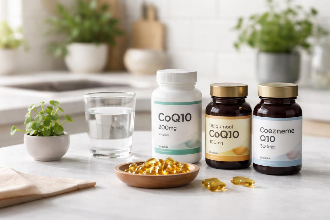 CoQ10 supplements bottles and capsules on table