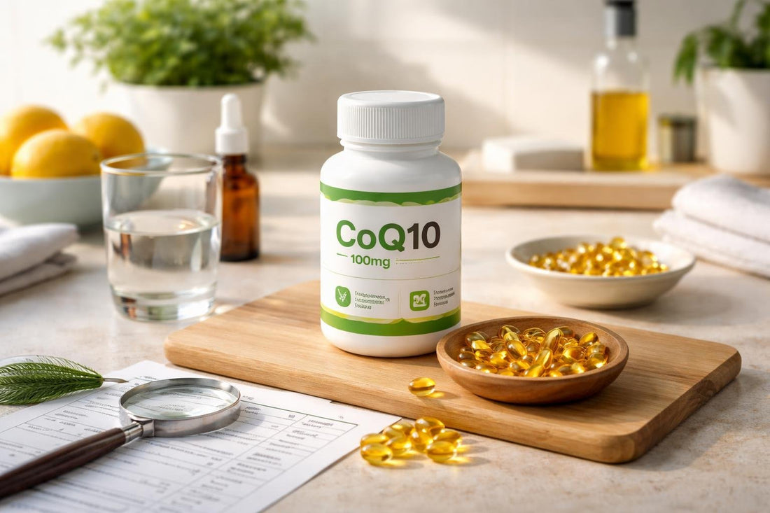 CoQ10 supplement capsules and label tips for adults