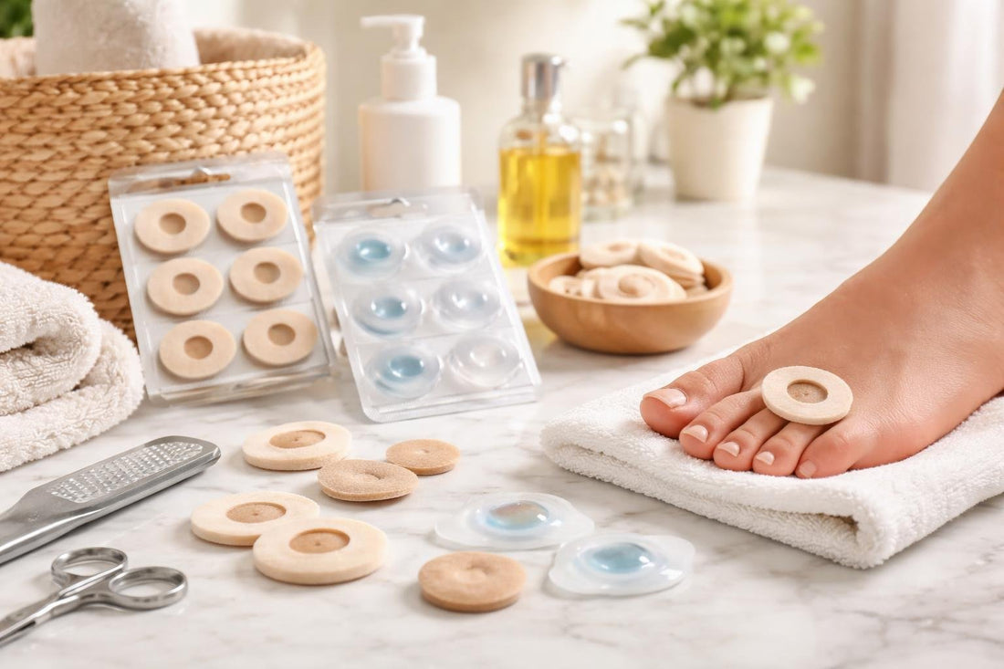 felt and gel corn cushions protecting callused foot
