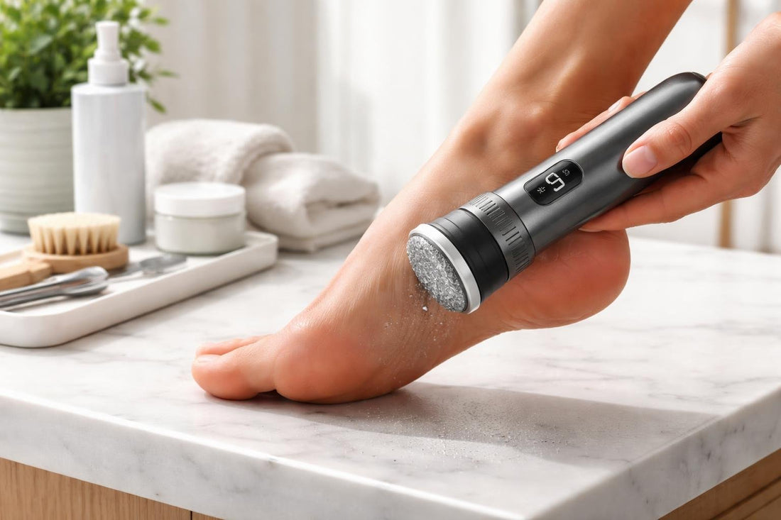 close-up electric callus trimmer held over heel