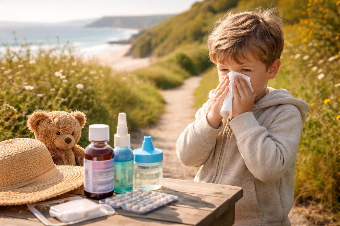 Child holding tissues outdoors during Cornwall hay fever season