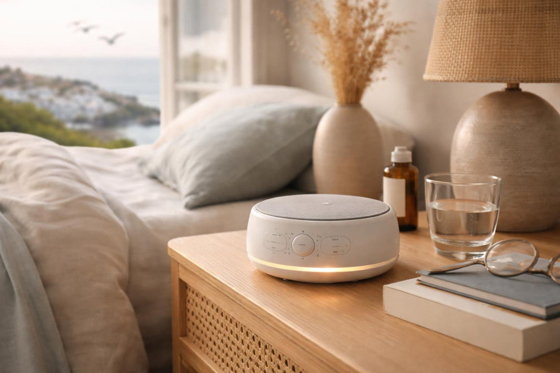Sleep sound machine on bedside table in Cornwall bedroom