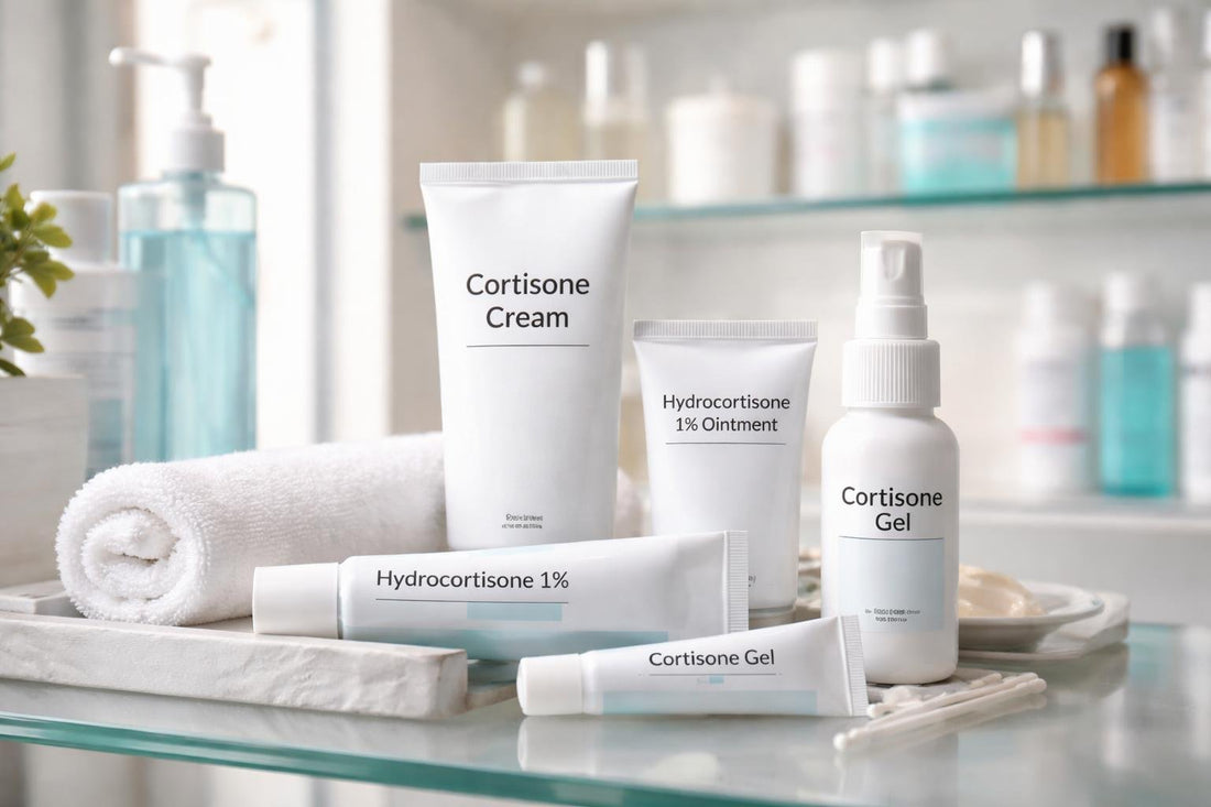 Cortisone cream and ointment options on a pharmacy shelf