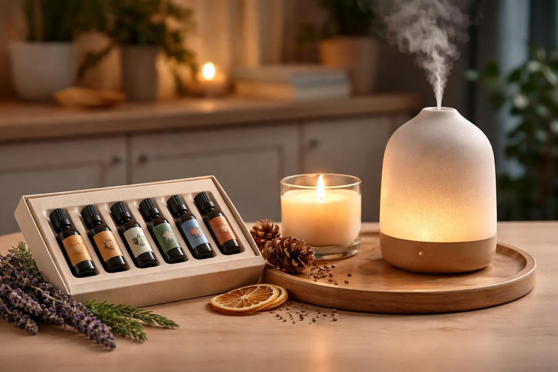 Cosy aromatherapy essential oil set beside an evening diffuser