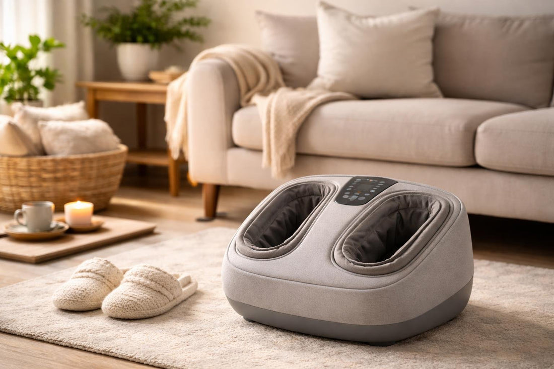 Cosy electric foot massager in a UK living room